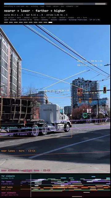 A Vancouver intersection with a truck, overlaid with labels for each sound